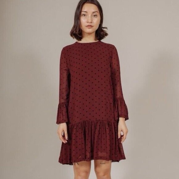 Ganni Carlton Georgette Dress Wine Red Black Polka Dot Size 38 (Medium) EUC - Picture 1 of 6